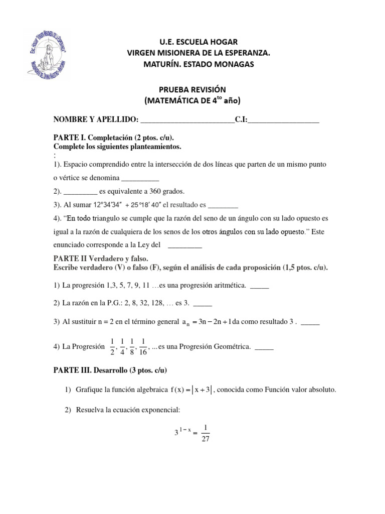 Evaluaci n de revisi n matematicas 5to a o pdf