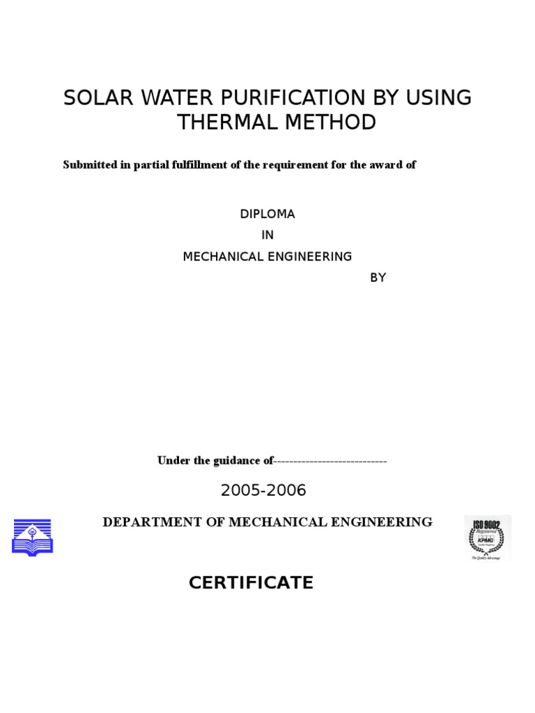 Solar Water Purification by Using Thermal Method PDF Solar Energy