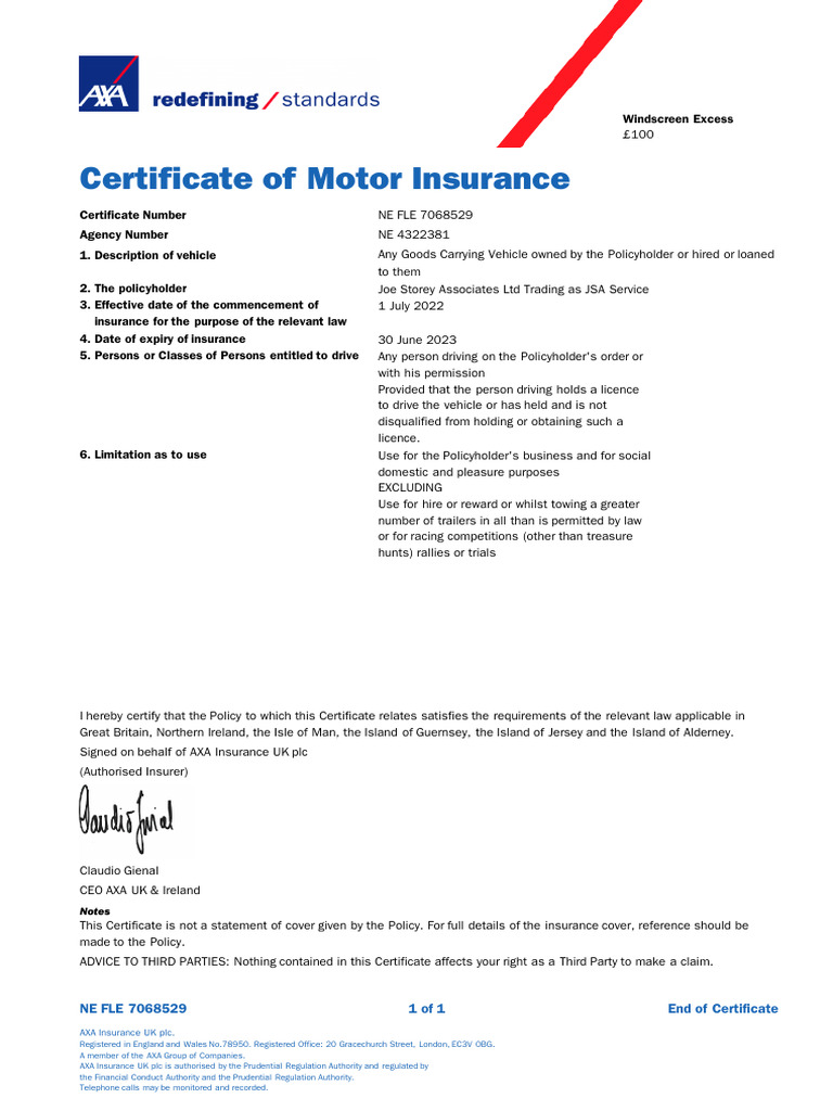 AXA Car Insurance Certificate Details | PDF | Vehicle Insurance | Insurance