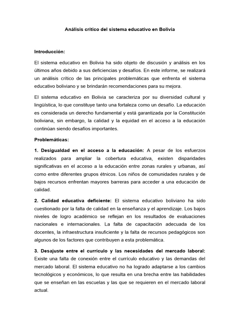 Análisis del Sistema Educativo en Bolivia | PDF | Plan de estudios ...