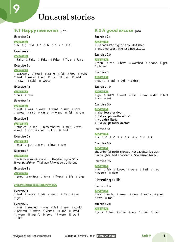 Navigate A1 Unit 9 Answer Key | PDF