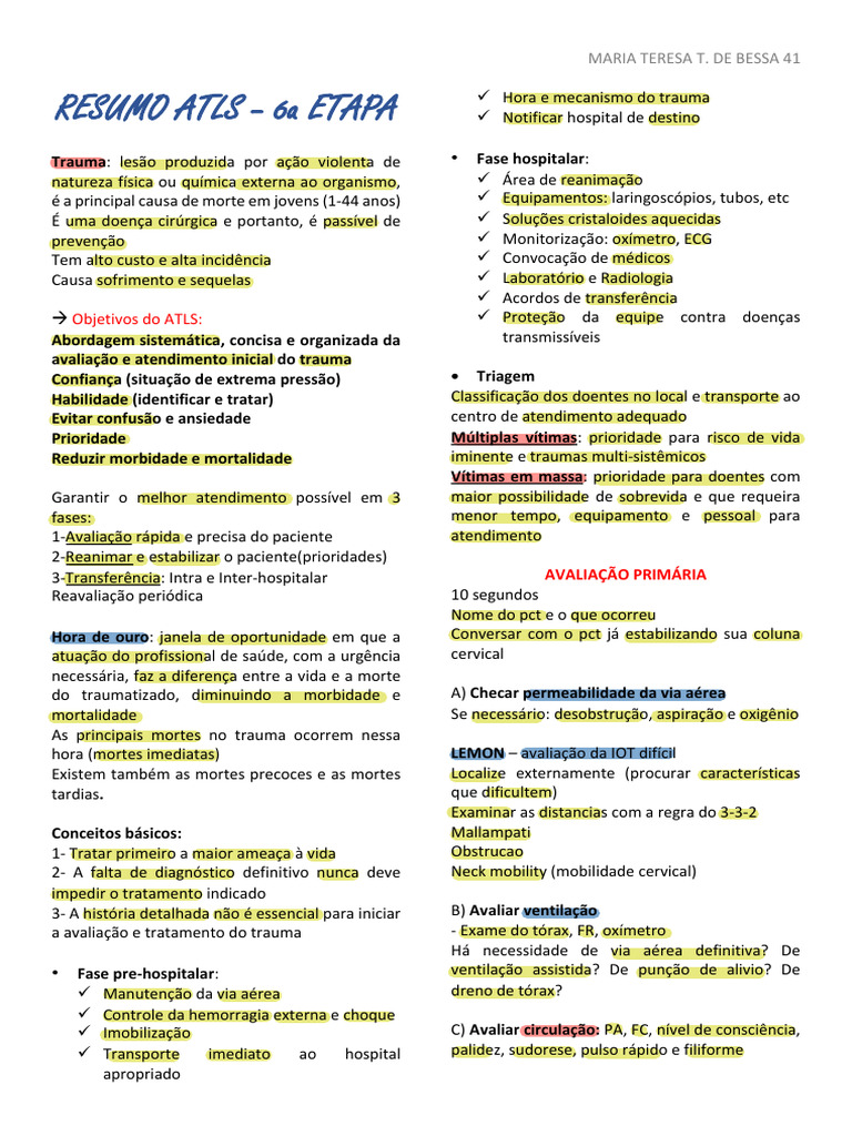 Resumo Atls | PDF | Choque (circulatório) | Sangue