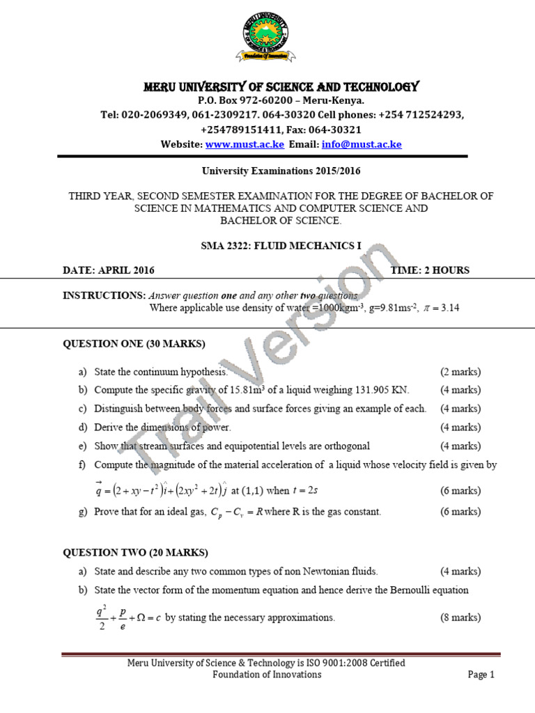 Meru University Fluid Mechanics Exam 2016 | PDF | Fluid Dynamics ...