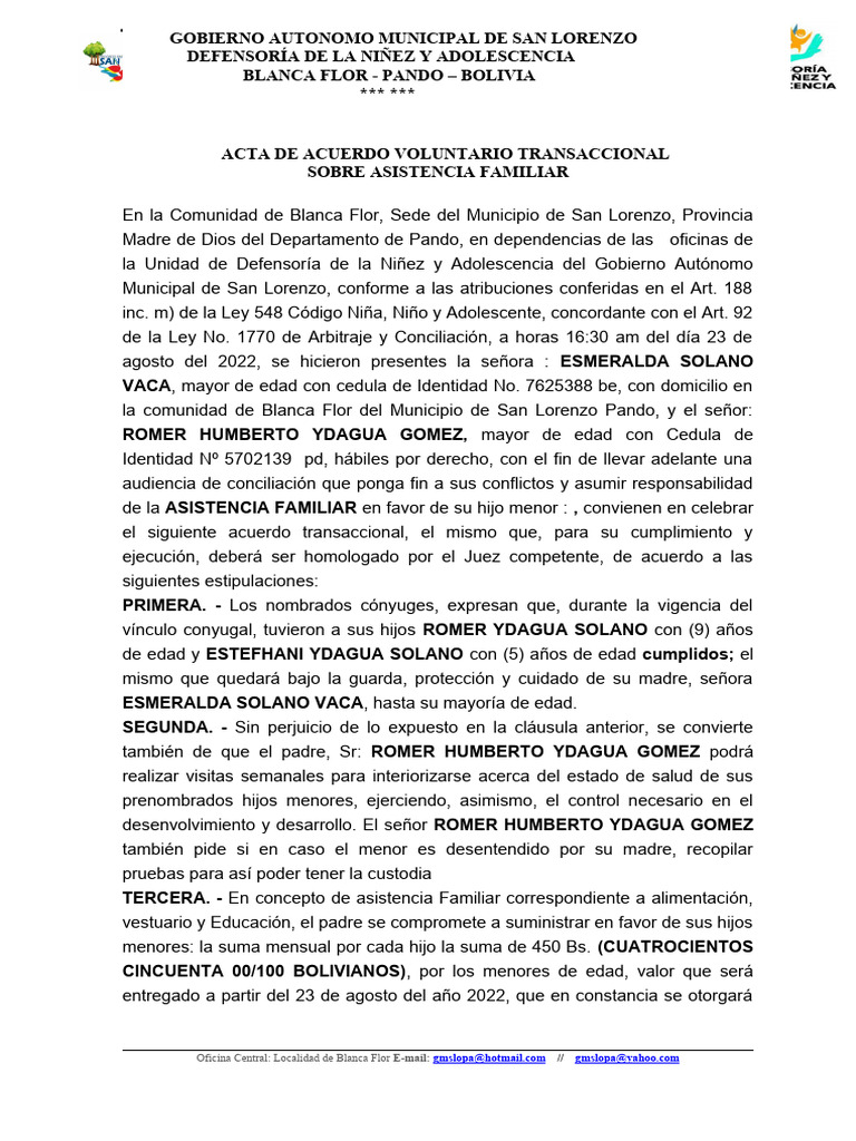 Acta de Acuerdo Voluntario Transaccional | PDF | Justicia | Crimen y ...