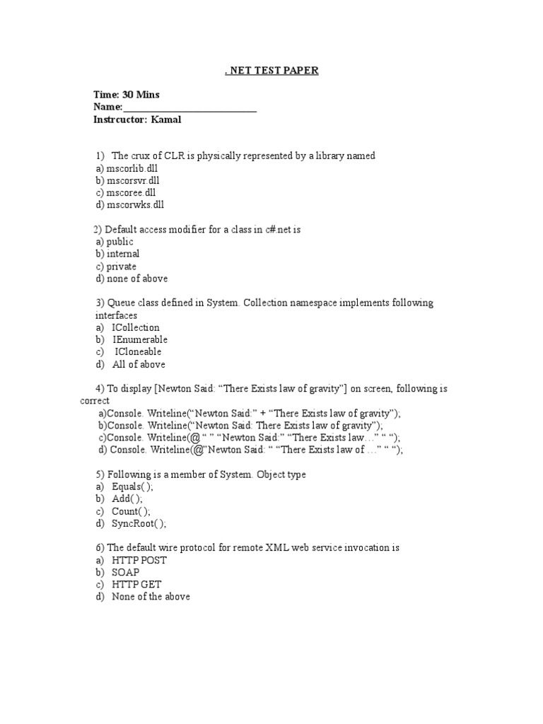.NET Test Paper with Answers | PDF