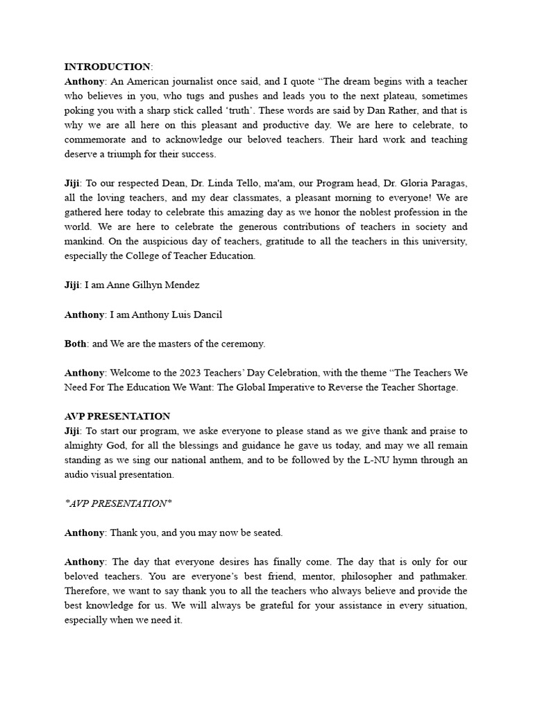 Introduction For Teachers Day Program Script