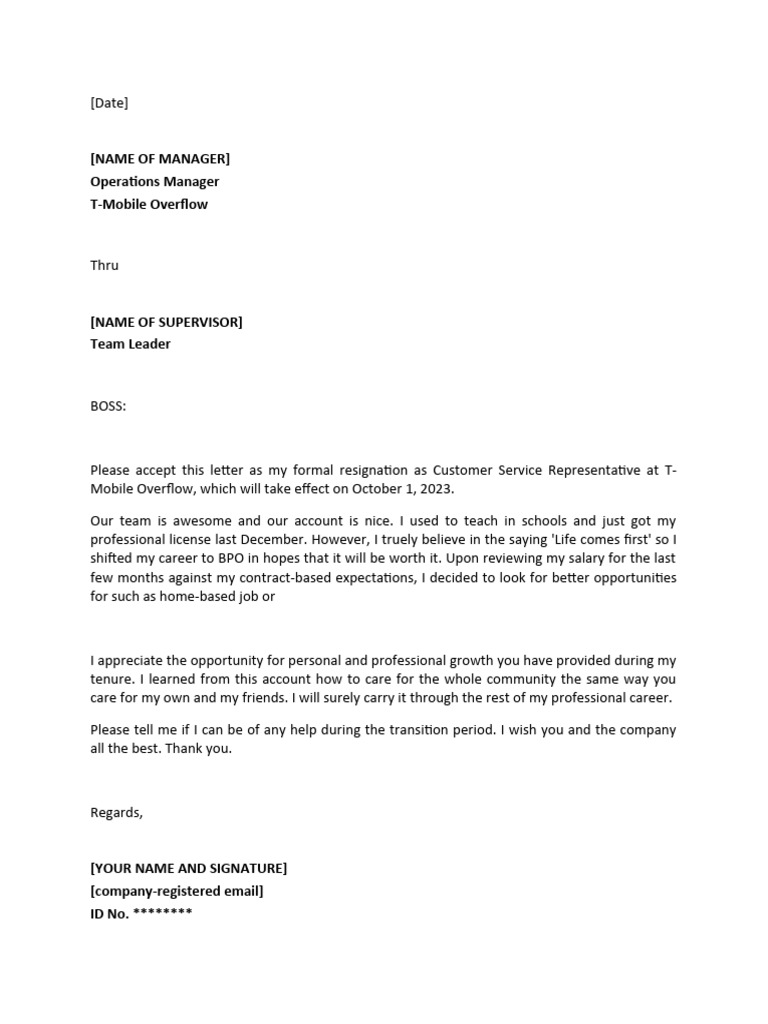 Business Letter - RESIGNATION LETTER for BPO | PDF