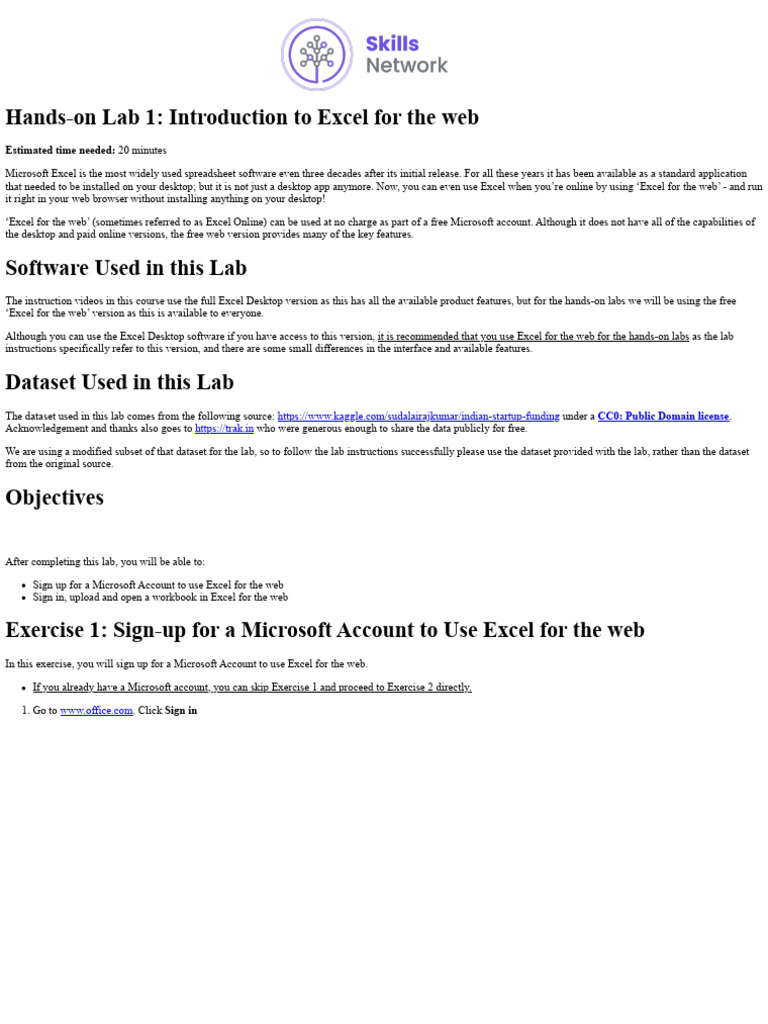 Excel for the Web: Hands-on Lab 1 | PDF | Microsoft Excel | Application ...