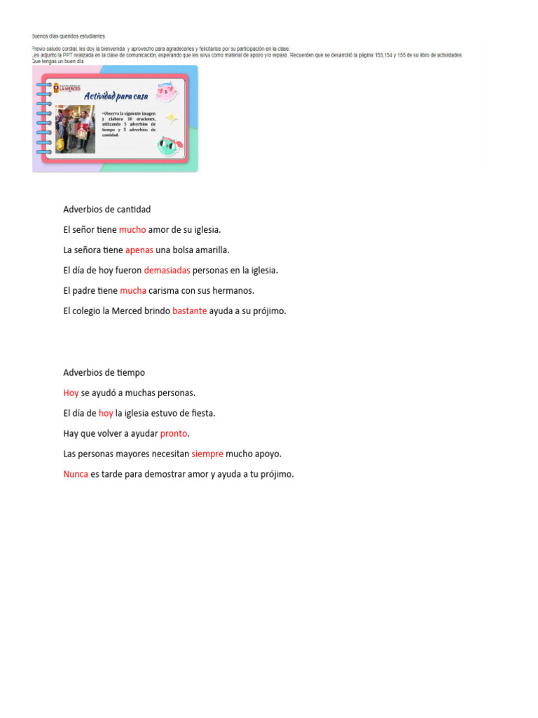 Adverbios de Cantidad y Tiempo - Comunicación - Pasar Al Cuaderno | PDF
