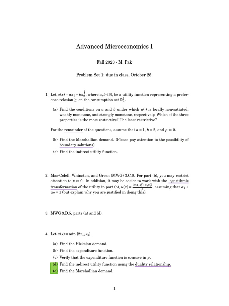 Advanced Microeconomics Problem Set 1 | PDF | Utility | Microeconomics