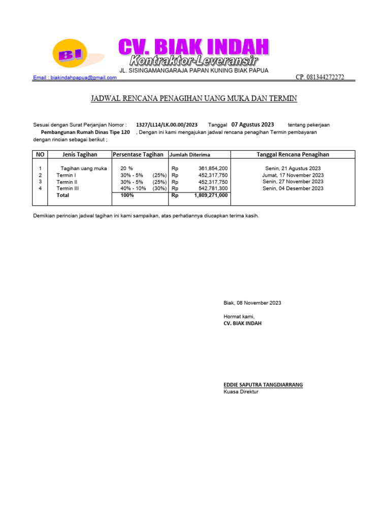 Rencana Penagihan Pembangunan Rumah Dinas | PDF