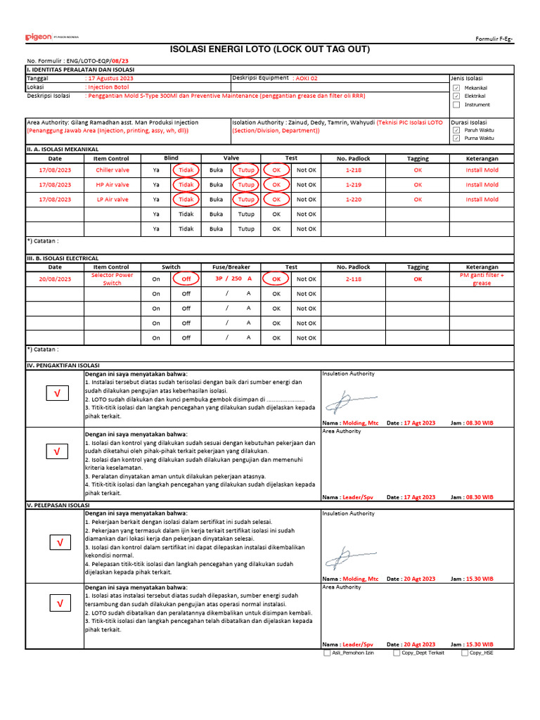 Formulir Isolasi Energi (Lock Out Tag Out Loto) | PDF