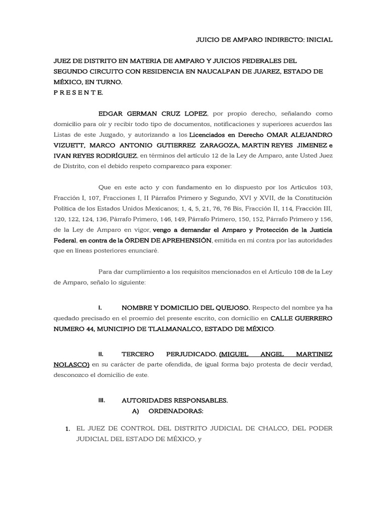 Amparo contra Orden de Aprehensión | PDF | Mandato | Ley procesal