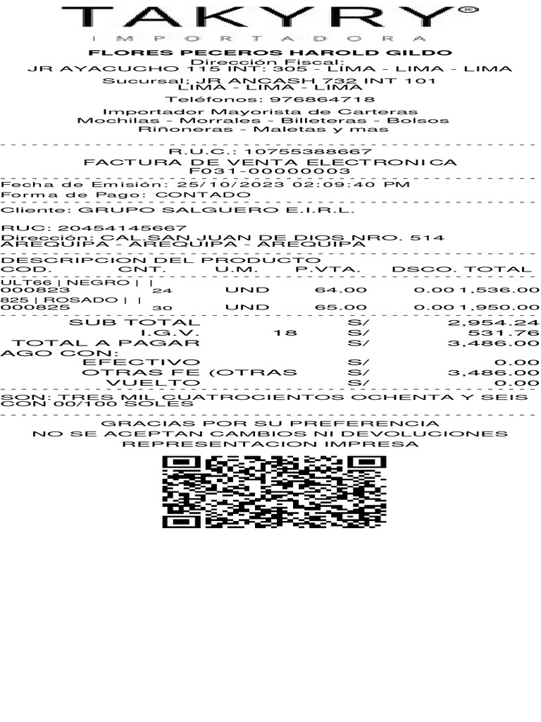 Factura De Venta Electronica F031 00000003 Flores Peceros Harold Gildo 