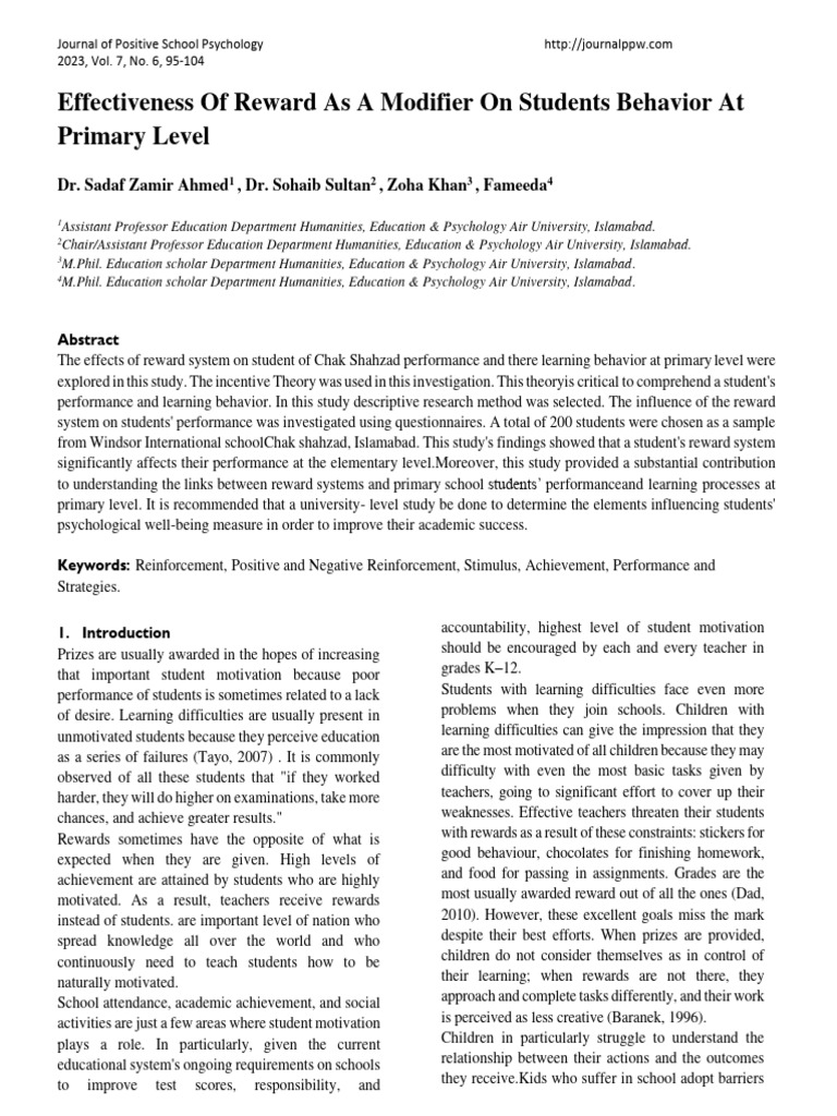 Effectiveness of reward as a modifier on students behavior at primary