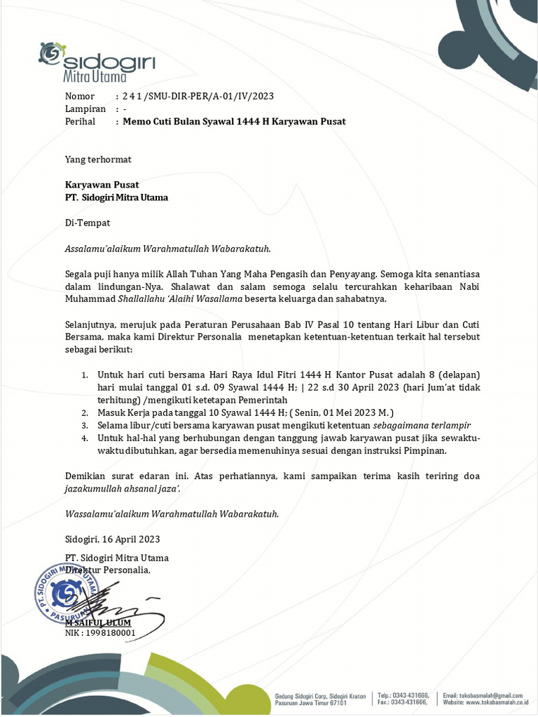 Memo Cuti Karyawan Pusat 1444 H Pusat | PDF