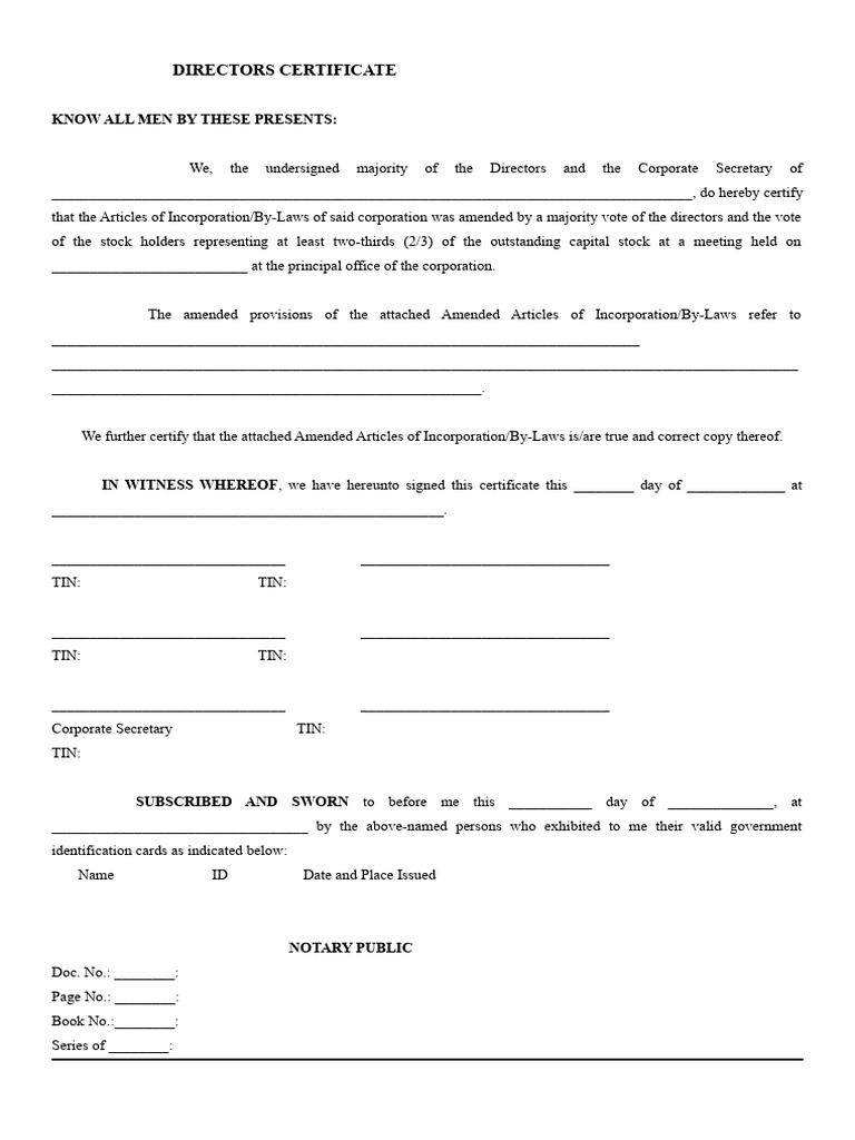Sample Of Directors Certificate