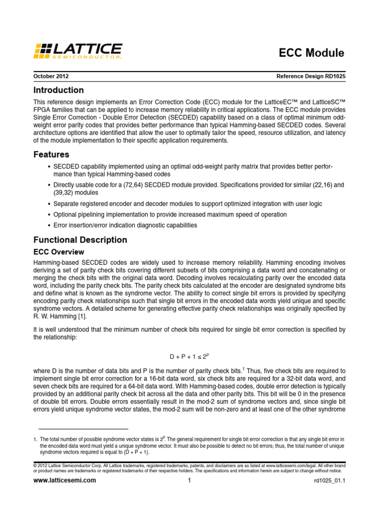 LATTICE - ECC Module (SECDED) | PDF | Error Detection And Correction ...