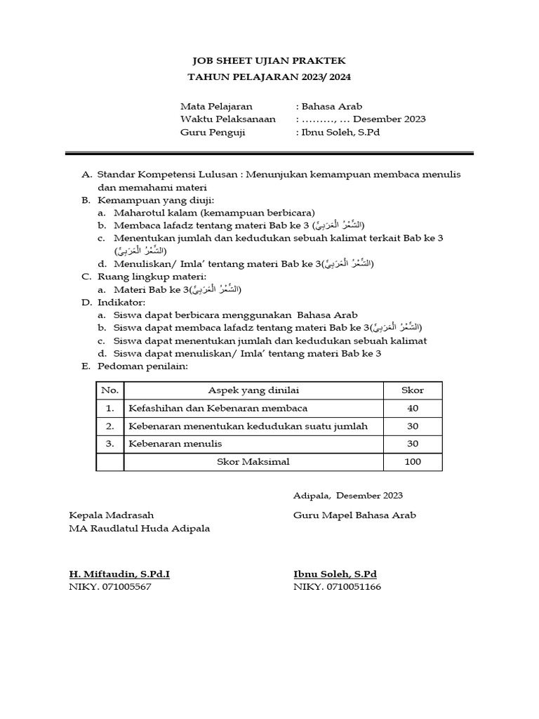Ujian Praktek Bahasa Arab 2023/2024 | PDF | Karier & Perkembangan ...