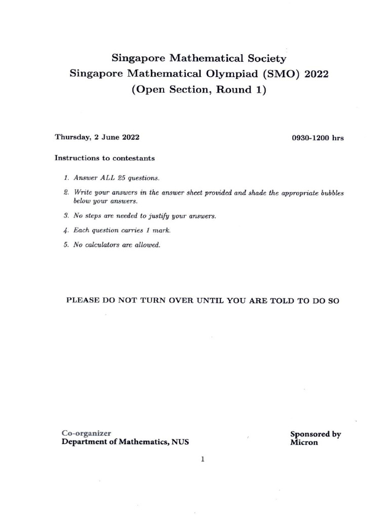 SMO 2022 Open Section Round 1 | PDF | Abstract Algebra | Mathematics