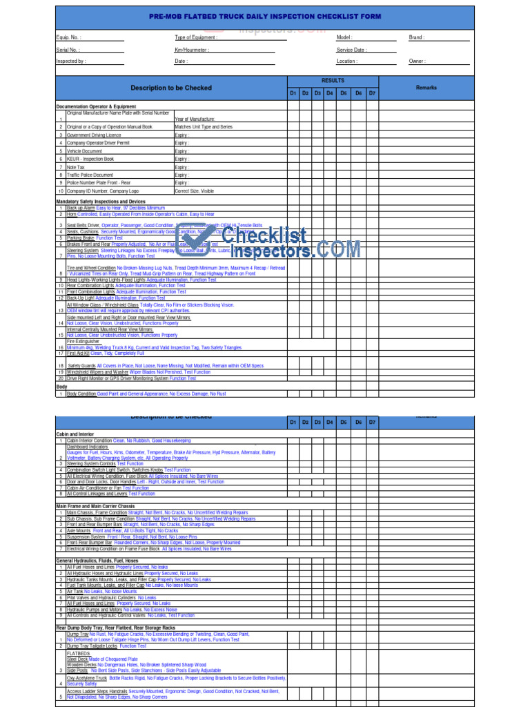 PRE-MOB-FLATBED-TRUCK-DAILY-INSPECTION-CHECKLIST-FORM | PDF | Truck | Tire