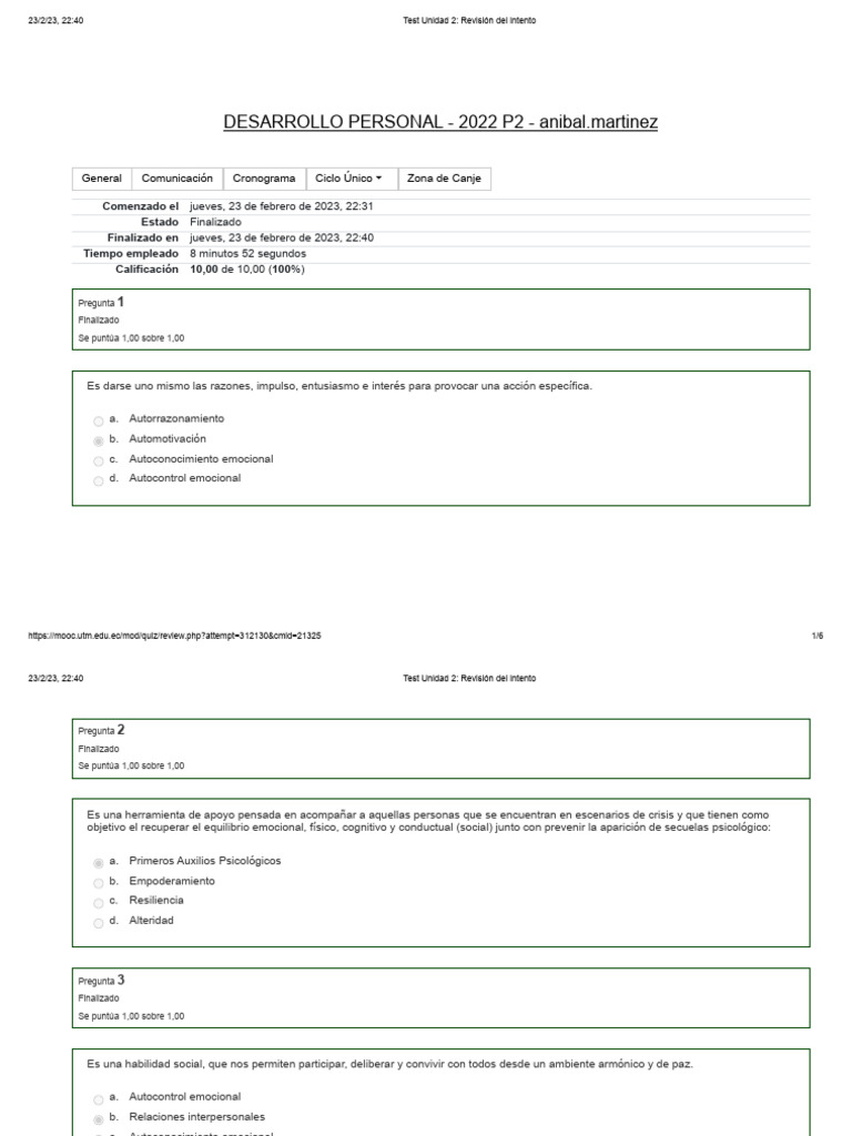 Examen de Desarrollo Personal 2023 | PDF | Las emociones | Cognición