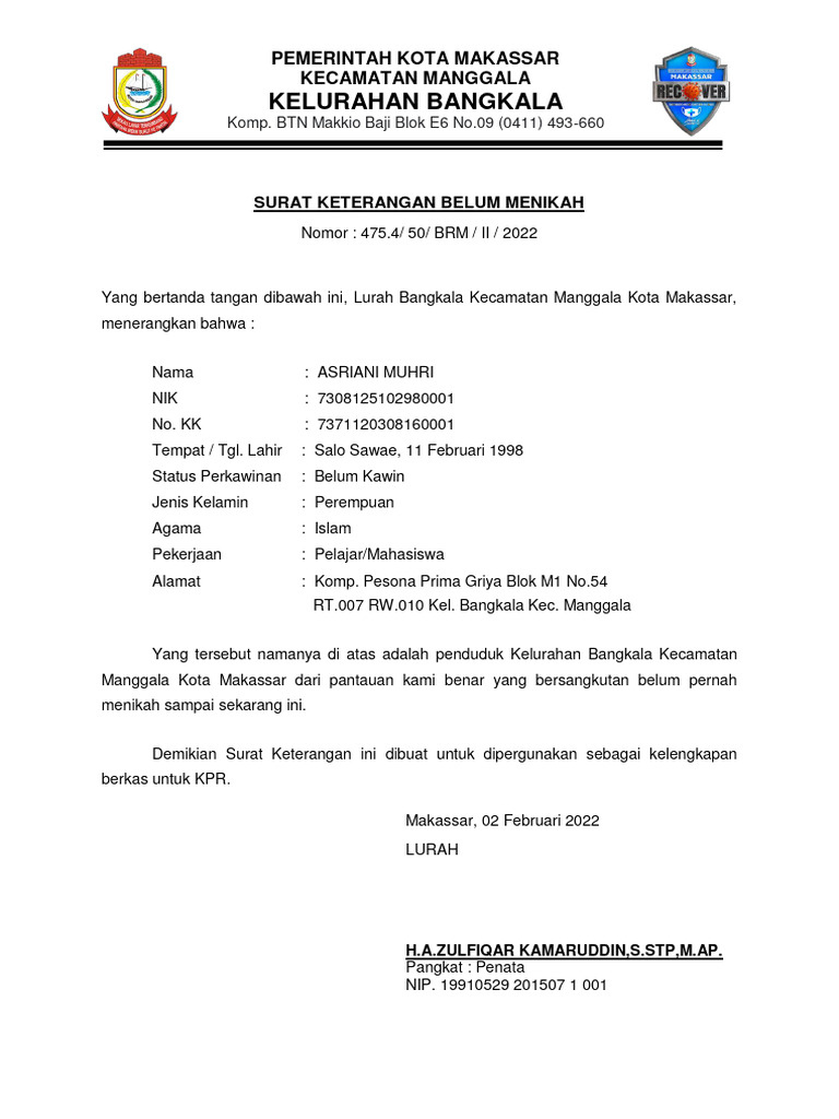 SURAT KETERANGAN BELUM MENIKAH | PDF