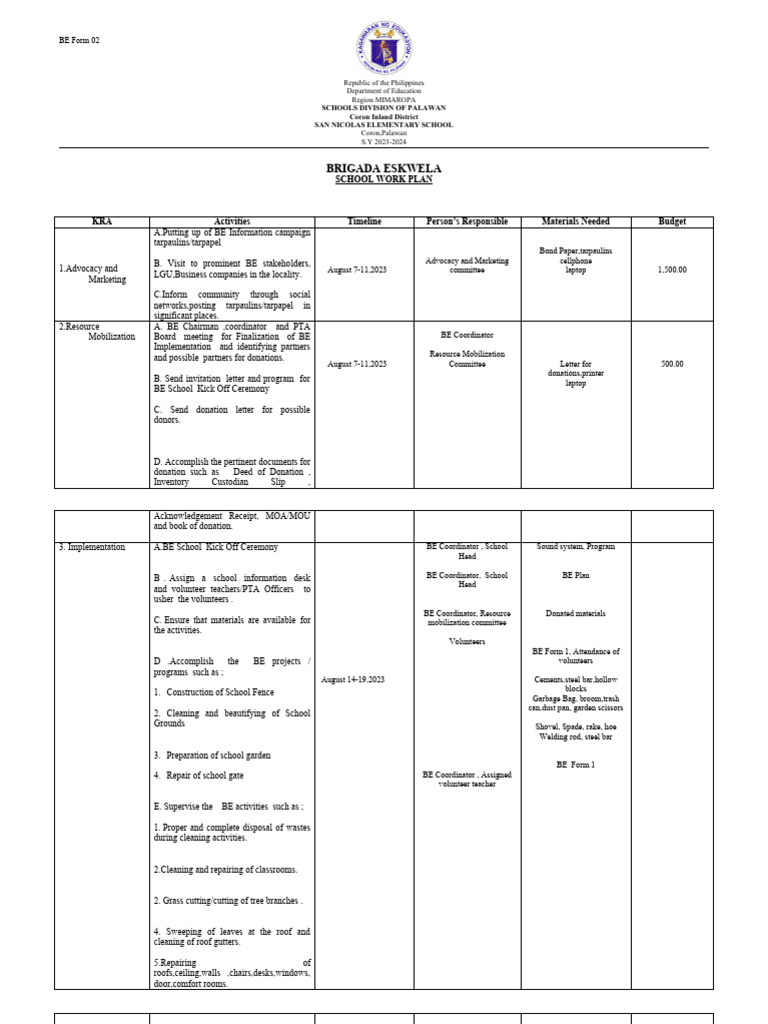 Brigada Eskwela School Work Plan 2023 | PDF