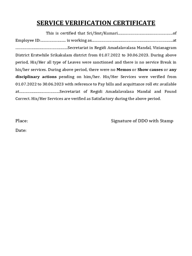 Service Verification Certificate PDF