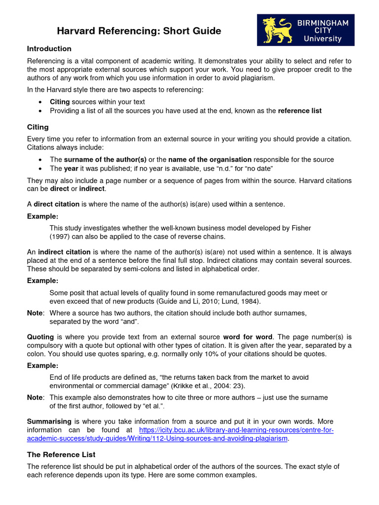 Harvard Referencing Short Guide Colour PDF Citation Writing