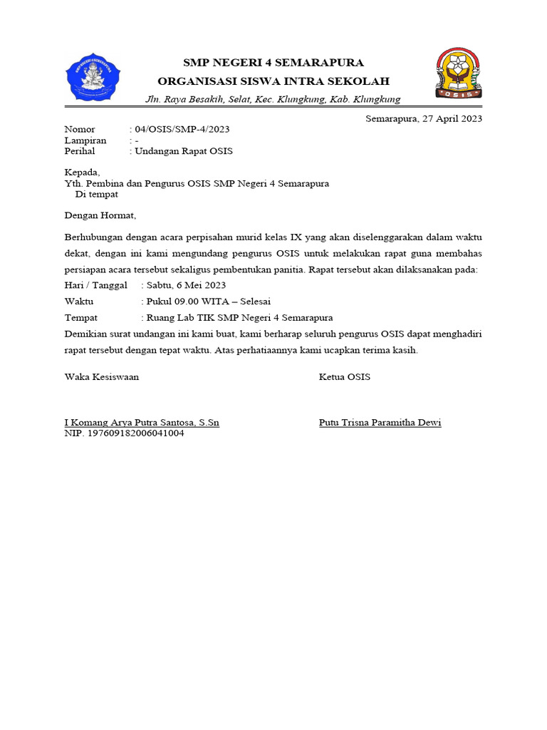 Surat Undangan Rapat Osis | PDF
