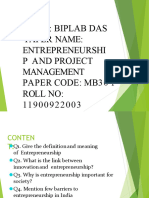 Name: Biplab Das Paper Name: Entrepreneurshi P and Project Management Paper Code: Mb30 1 Roll No: 11900922003