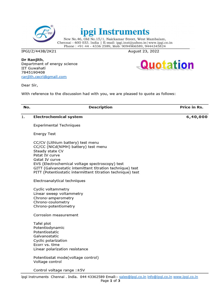 Quotation for Electrochemical Workstation | PDF | Chemistry | Electronics