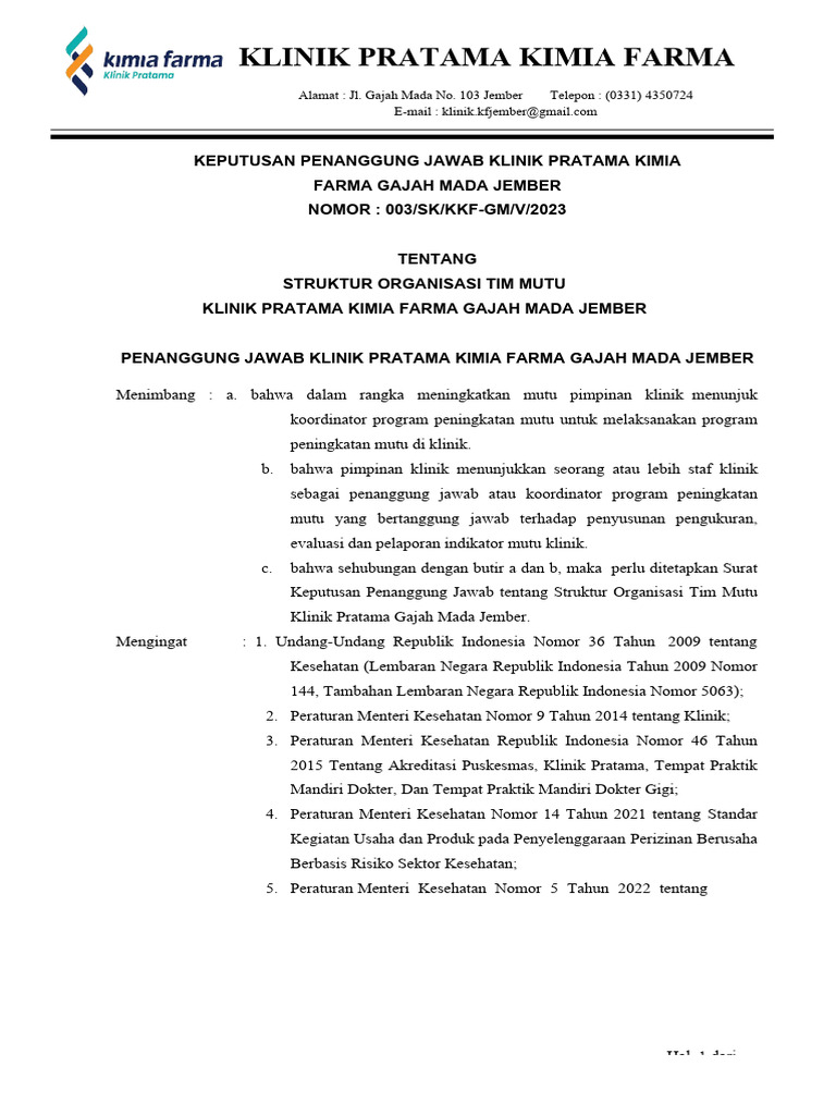 Struktur Organisasi Tim Mutu Klinik Kimia Farma | PDF
