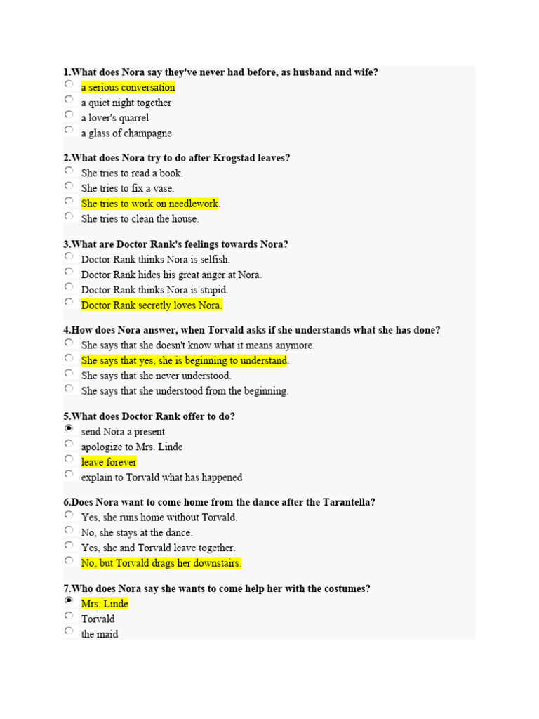 The Doll S House Quiz Download Free PDF A Doll's House