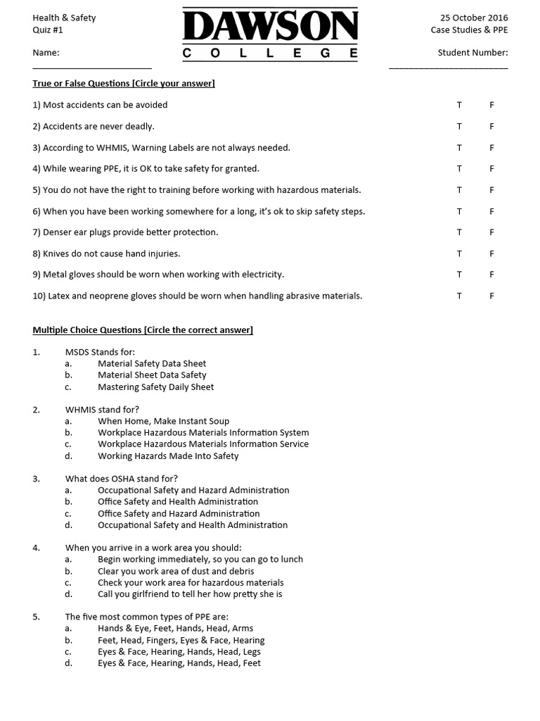 Health and Safety On Construction Sites Quiz 1 PDF Personal