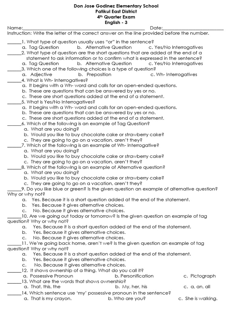 English 3 4th Quarter Exam PDF Question Adverb