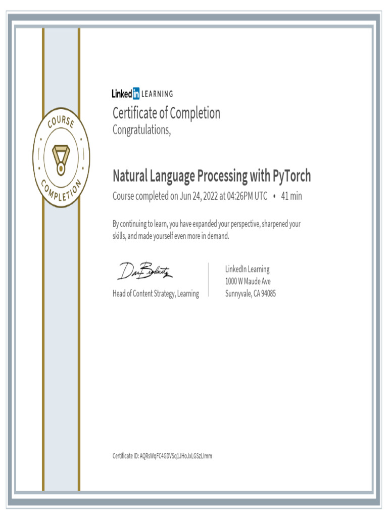 CertificateOfCompletion_Natural Language Processing With PyTorch | PDF