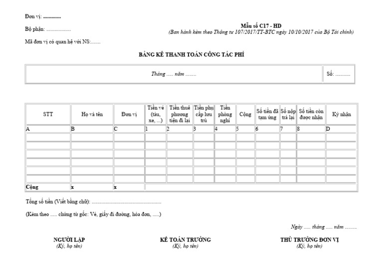 Huong Dan Lap Bang Ke Chung Tu Thanh Toan Theo Thong Tu 107 11 | PDF