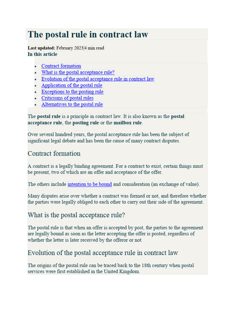 The Postal Rule in Contract Law PDF Offer And Acceptance Contract Law