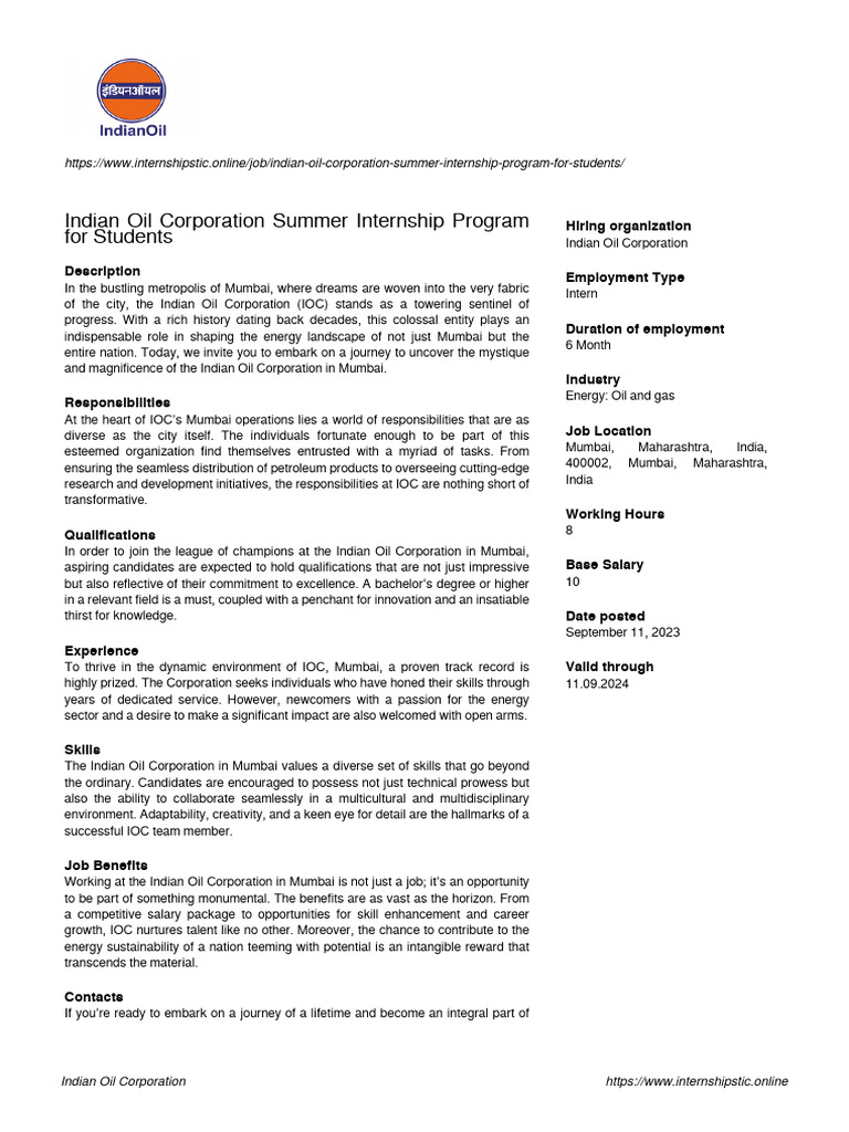 indianoilcorporationindianoilcorporationsummerinternshipprogram
