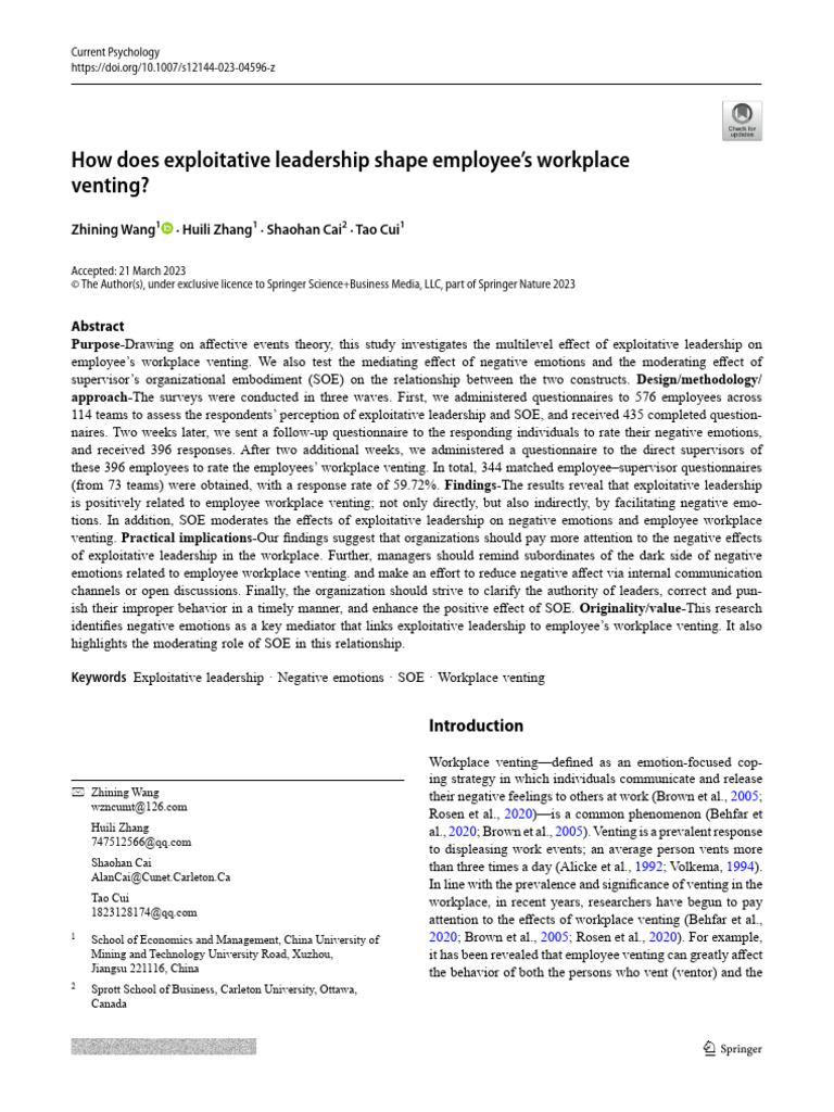 How Does Exploitative Leadership Shape Employee's Workplace Venting