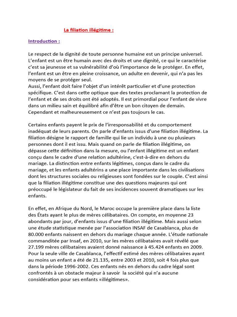 Filiation illégitime et droits de l'enfant | PDF | Filiation légitime ...