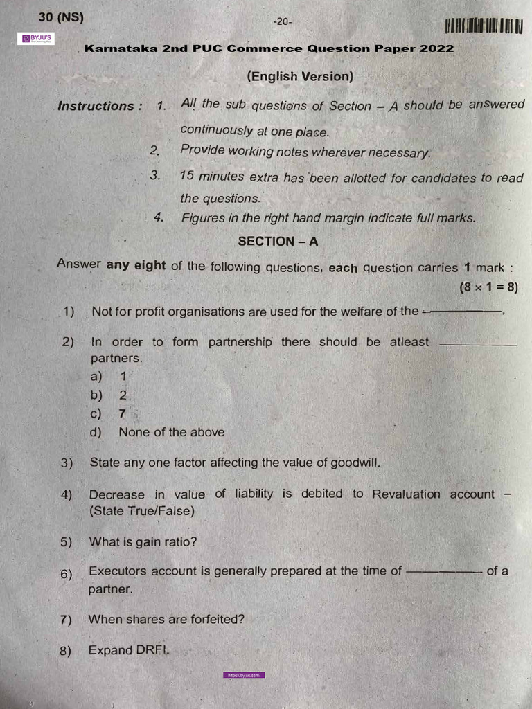 Karnataka 2nd PUC Commerce Question Paper 2022 PDF Business