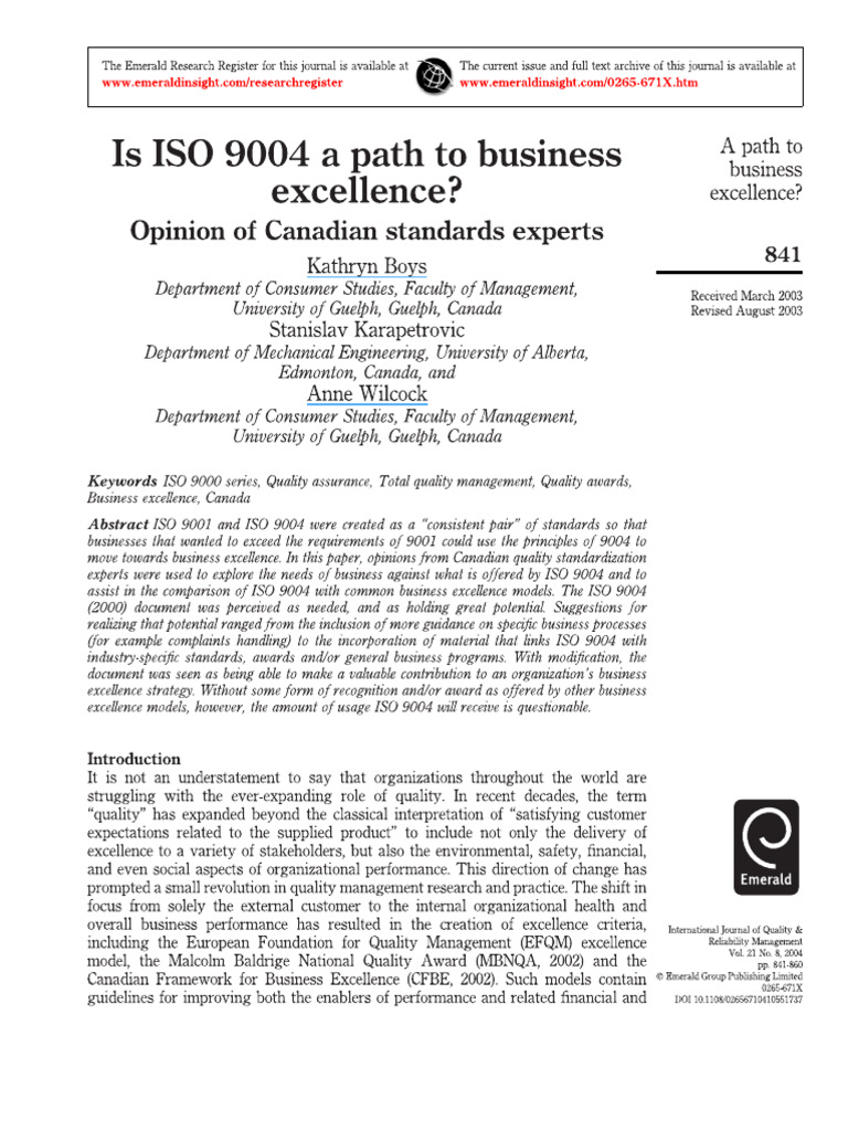 Is ISO 9004 A Path To Business Excellenc | PDF