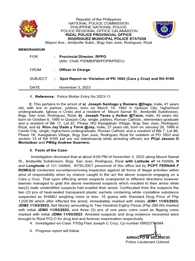 November 3 2023 Violation of PD 1602 Cara y Cruz and RA 9165 Joseph ...