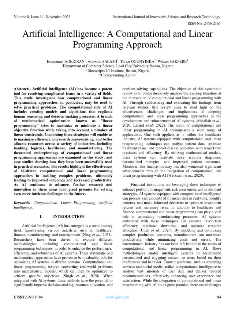 Artificial Intelligence: A Computational and Linear Programming ...