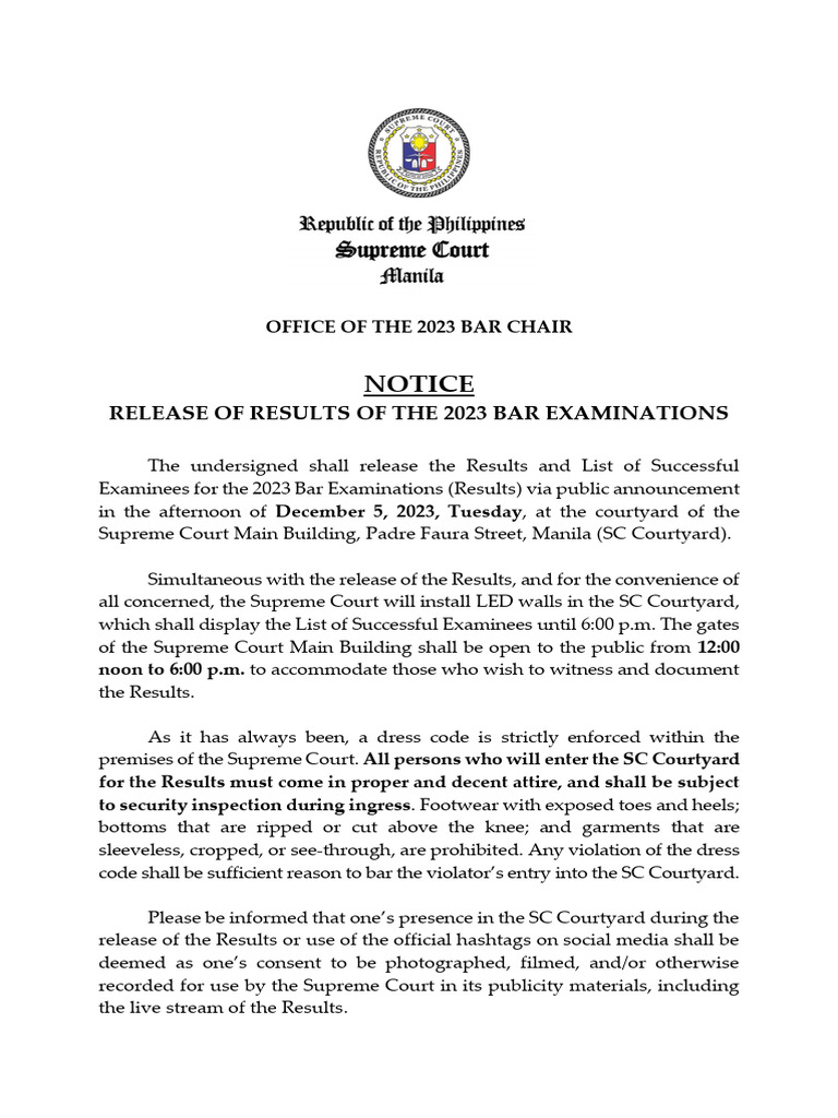 2023 Bar Exam Results Release Notice | PDF | Government | Justice