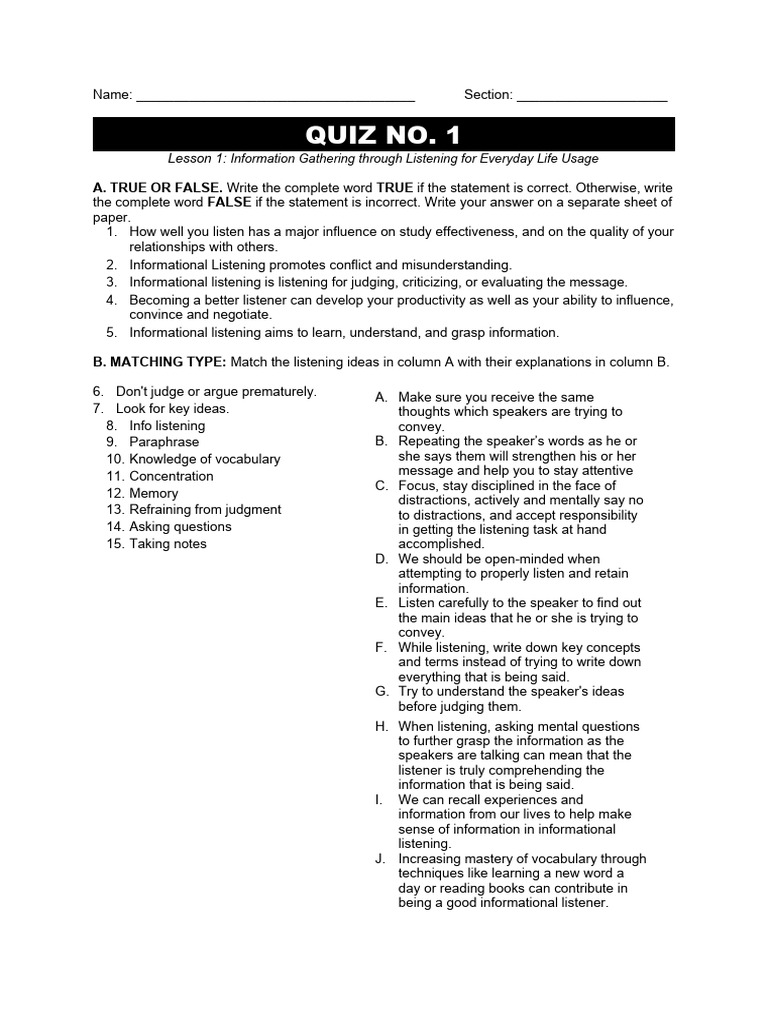 Quiz No 1 Informational Listening Pdf Information Vocabulary