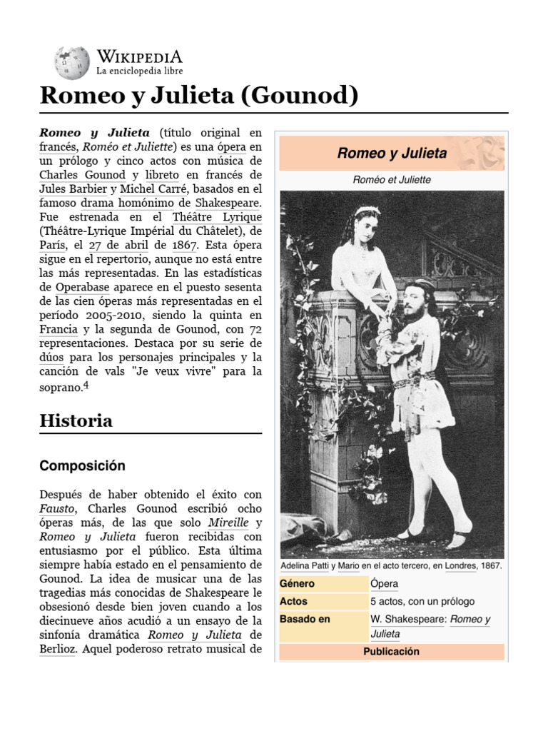 Romeo y Julieta (Gounod) Wikipedia, La Enciclopedia Libre PDF
